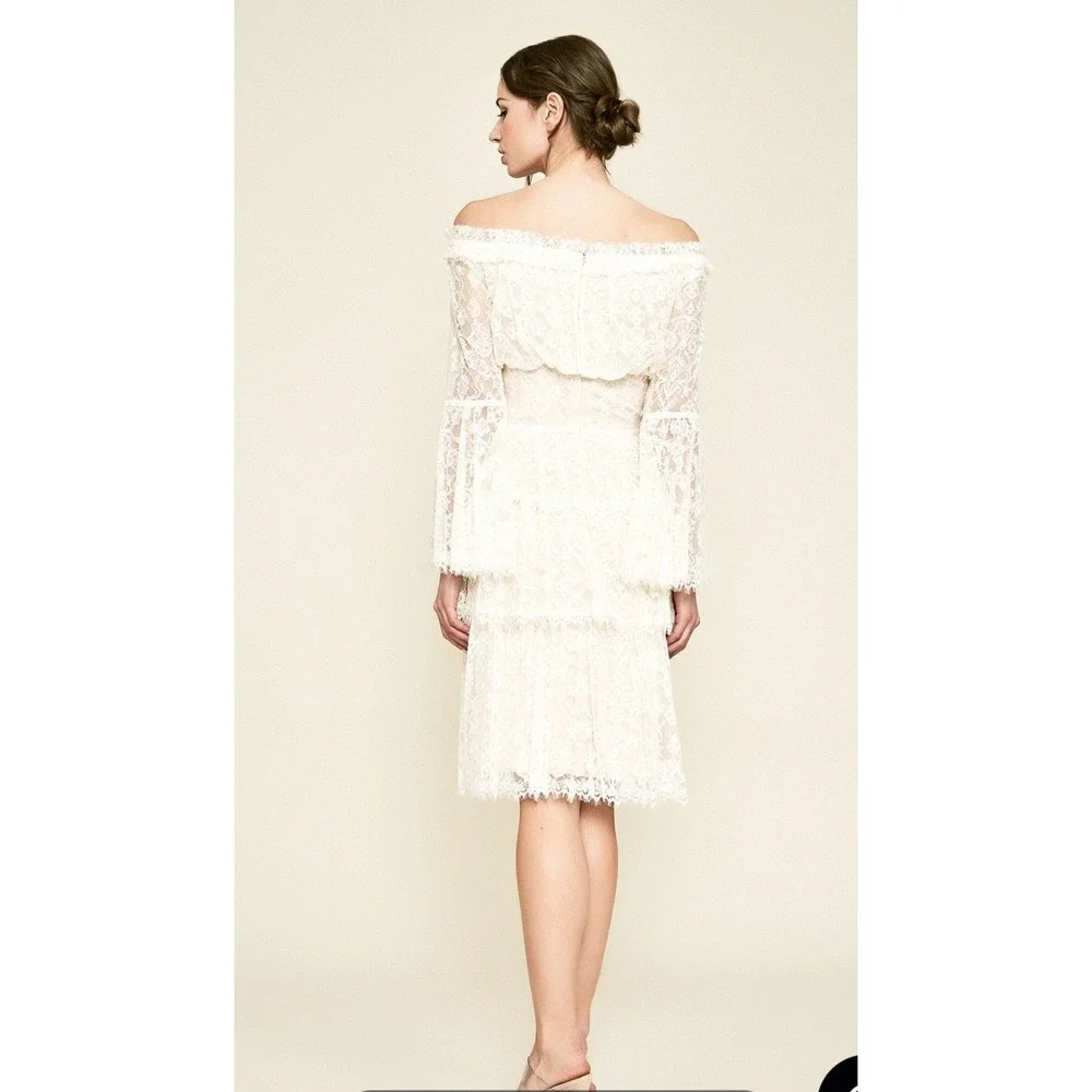 Tadashi Shoji Women Jacquin Off Shoulder Lace Tiered Bell Sleeve Dress Sz 12 NWT
